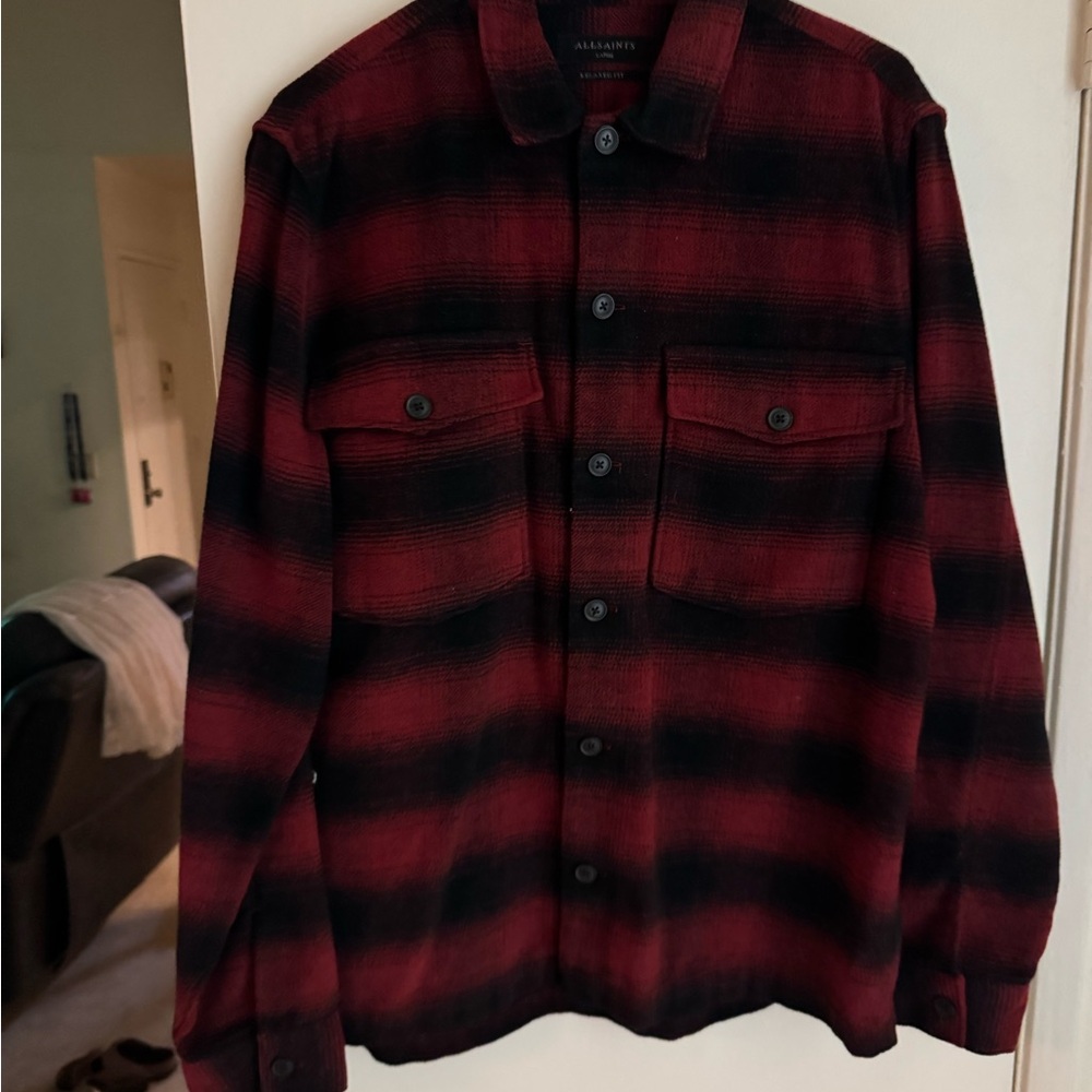 All Saints Men's Red and Black Wool Flannel